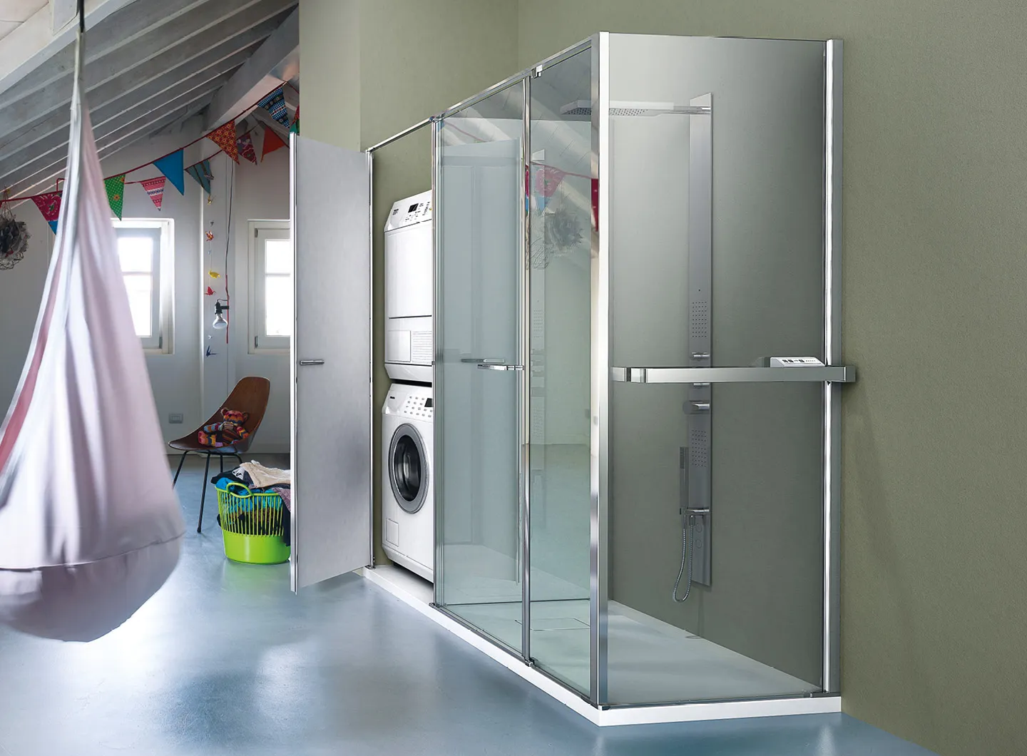 Vismaravetro - cabina doccia con vano lavatrice o porta oggetti - collezione Twin