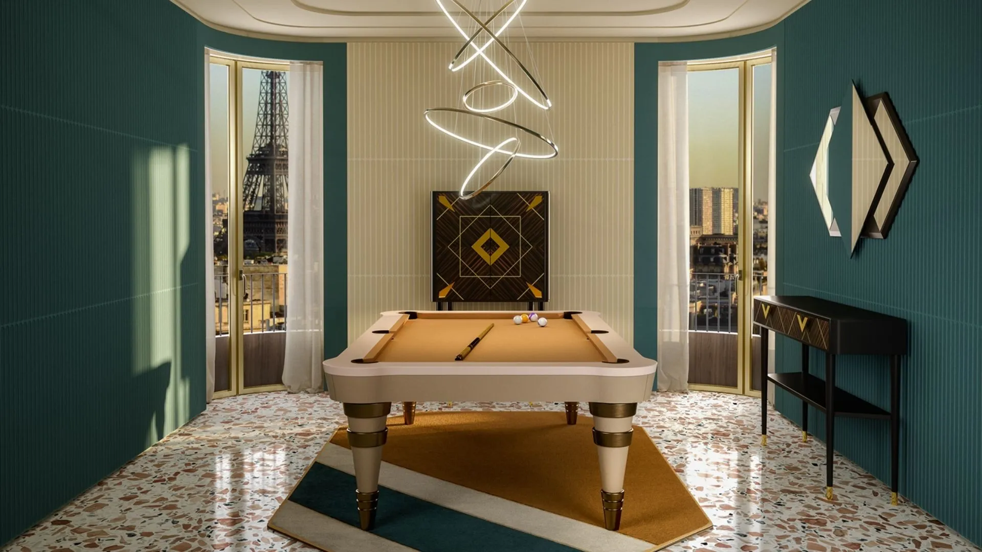luxury pool table made in italy with camel cloth and bronze details