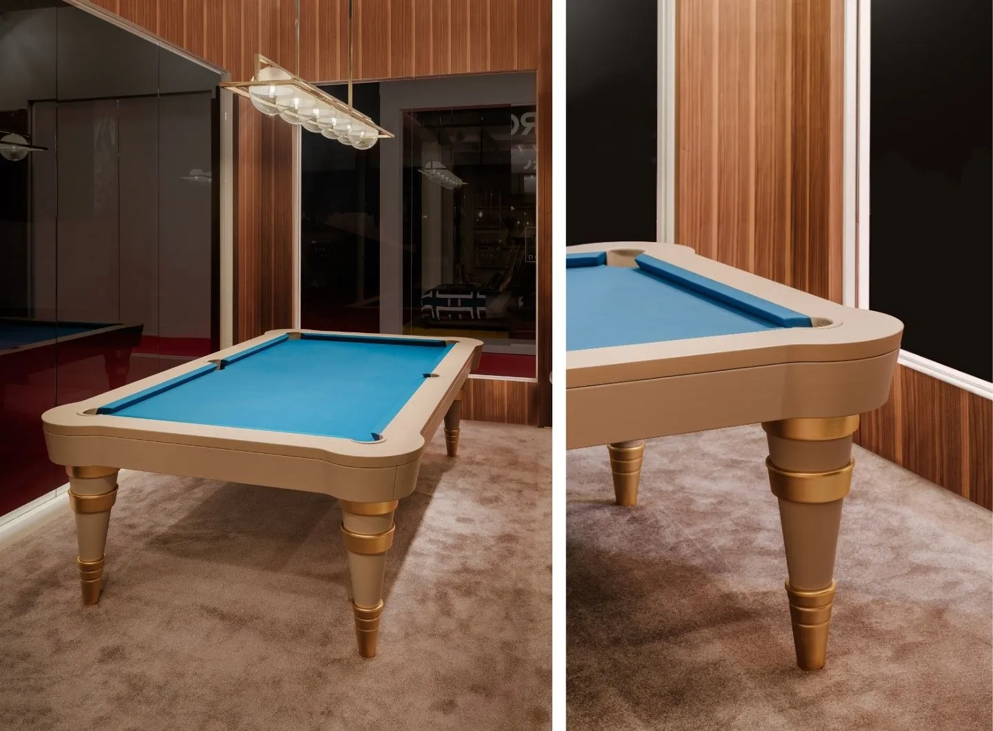luxury pool table by Vismara Design with blue cloth
