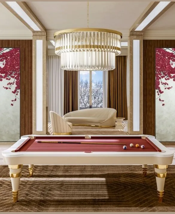 luxury pool table with leather, gold and wine cloth