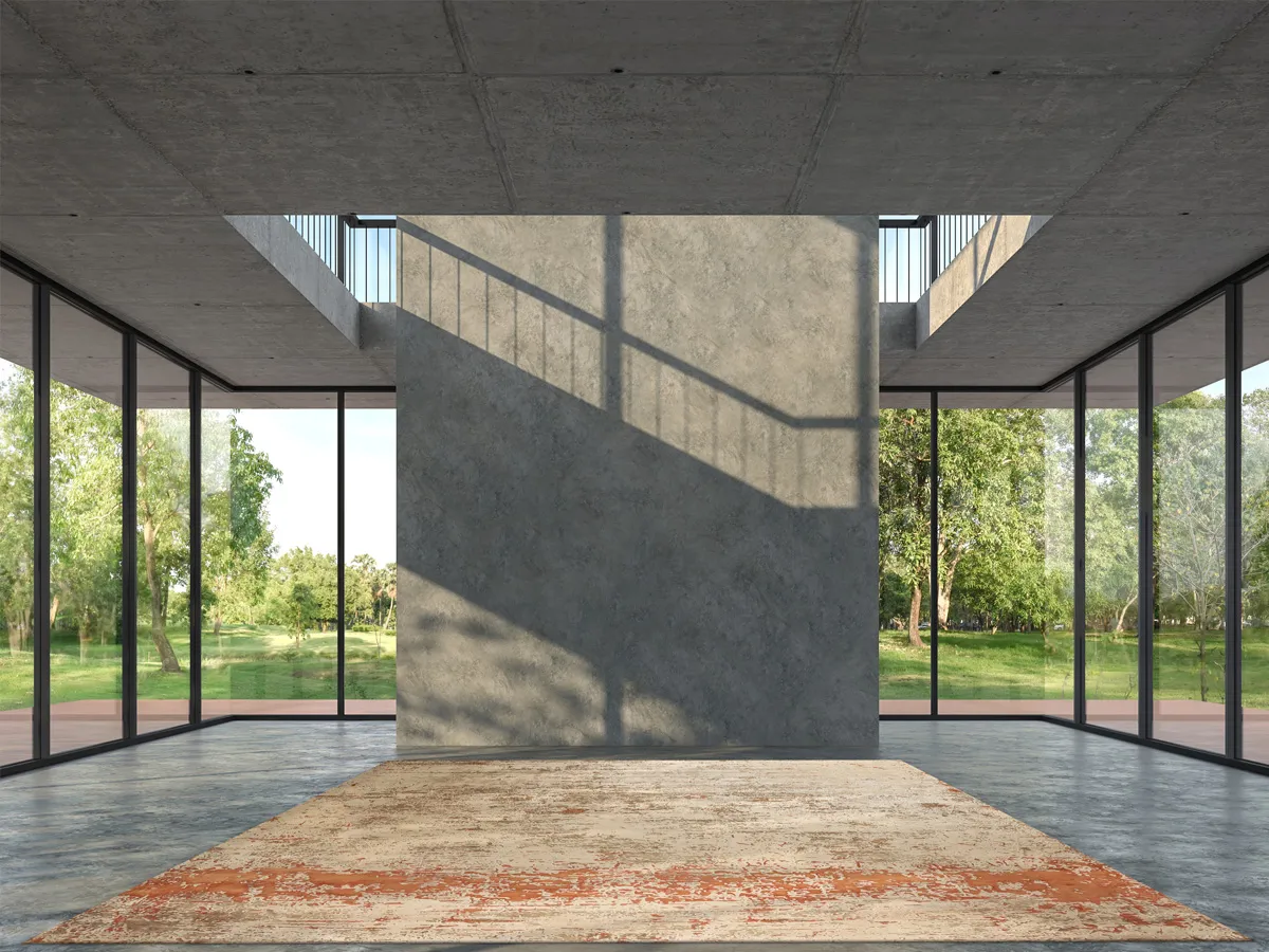 Foto of Abstract Rug placed in a room of concrete & glass windows through which you can see the green woods