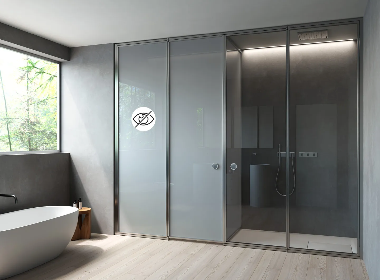 Vismaravetro - Glass partition walls for bathrooms and contract orders with + Securplus LCD glass - Suite+ Securplus LCD glass