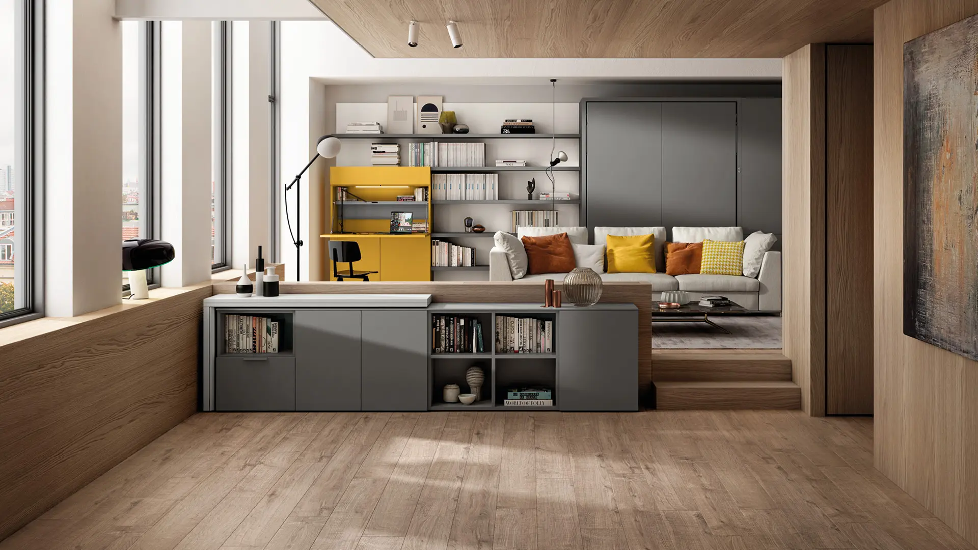 Girò with floor storage units